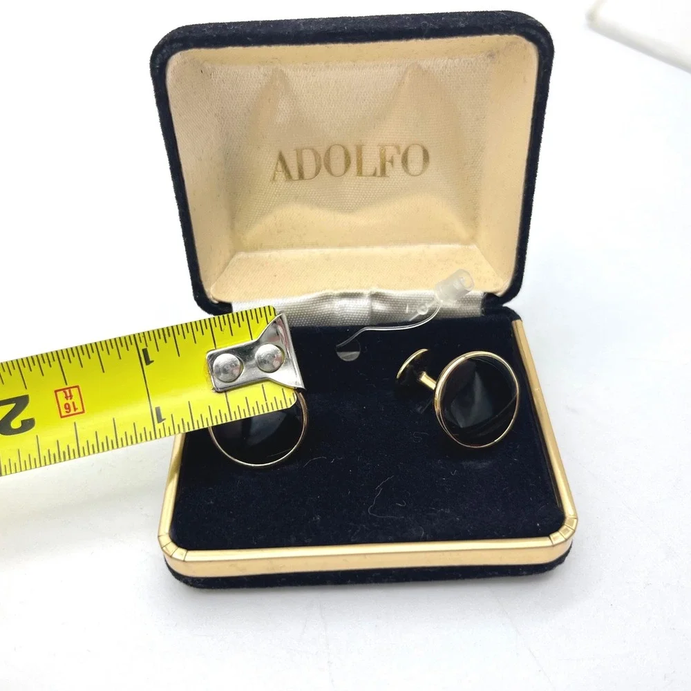 Adolfo Mens Gold Tone Black Round Cufflinks Vintage Formal Jewelry Boxed